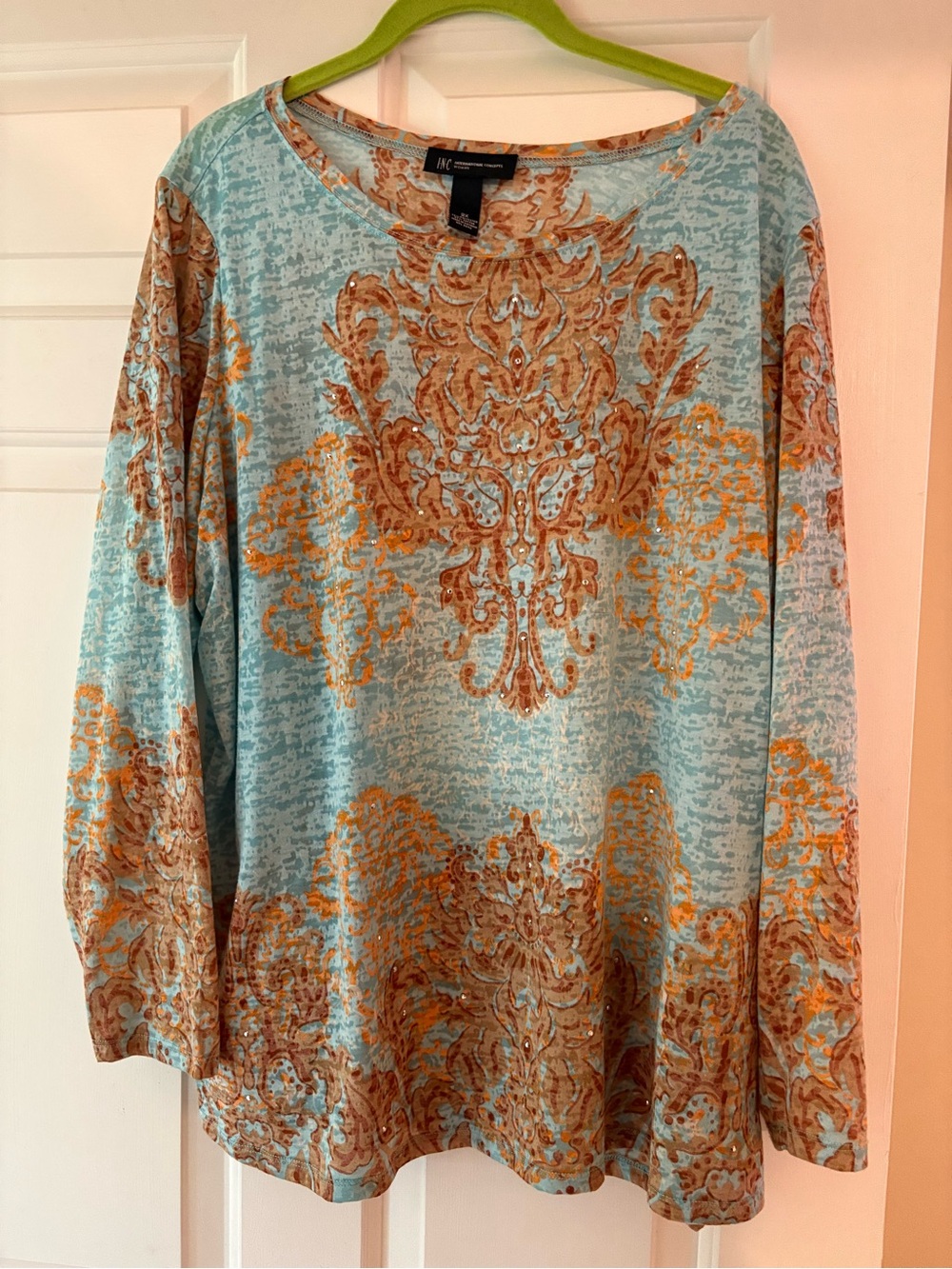 INC International Concepts Aqua and Rust Ornate-Print Long-Sleeve Top